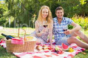 Young couple on a picnic drinking wine