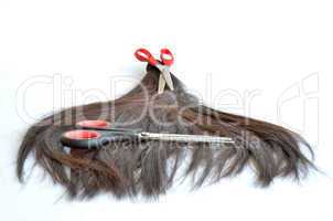 Pieces of hair cut with two red scissors
