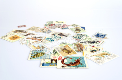 backdrop of old postage stamps