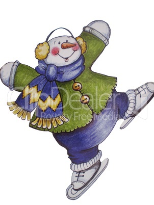 Snowman skating on a white background