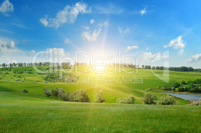 field, sunrise and blue sky