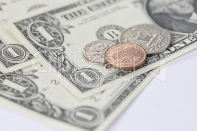 Closeup of Dollar Notes and Coins