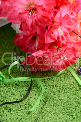 Flowers artificial and gift box, holiday concept