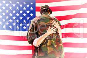 Composite image of solider reunited with mother