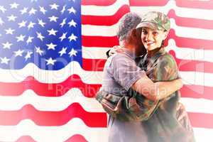 Composite image of solider reunited with father