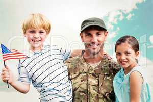 Composite image of soldier reunited with his children