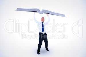 Composite image of businessman with arms up