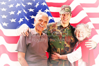 Composite image of solider reunited with parents
