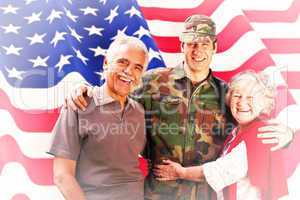 Composite image of solider reunited with parents