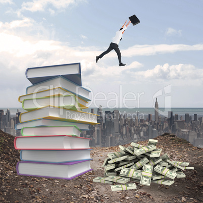 Composite image of businessman leaping with his briefcase