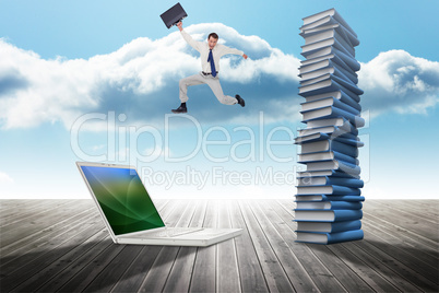 Composite image of cheerful jumping businessman with his suitcas