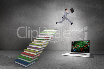 Composite image of businessman running with a suitcase