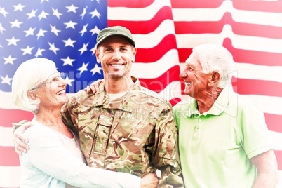 Composite image of soldier reunited with parents