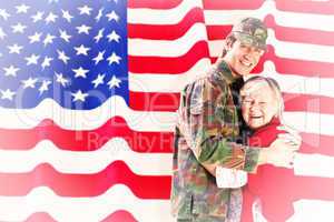 Composite image of solider reunited with mother