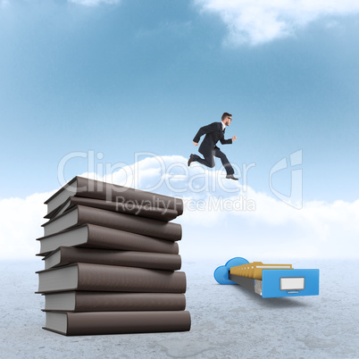 Composite image of geeky young businessman running mid air