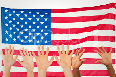 Composite image of three pairs of hands waving