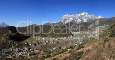 Sherpa village Khumjung and snow capped Kongde Ri
