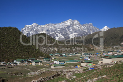 Village Khumjung and snow capped Kongde Ri