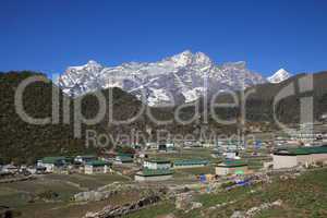 Village Khumjung and snow capped Kongde Ri