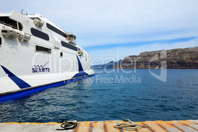 The speed ferry going to Crete island in Santorini, Greece.