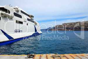 The speed ferry going to Crete island in Santorini, Greece.