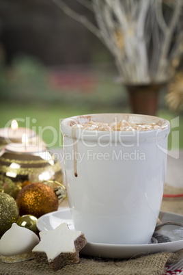 Cup of festive Christmas coffee with cookies