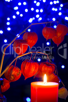 Christmas background with physalis in candlelight