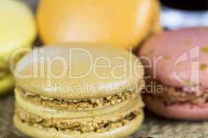 Batch of freshly baked colorful macarons