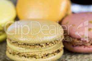 Batch of freshly baked colorful macarons