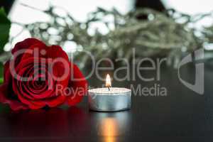Red Rose and Small Candle on Table