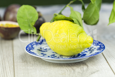 Fresh yellow lime or lemon on a plate