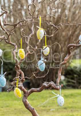Pretty polka dot Easter eggs hanging in a tree