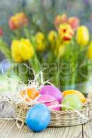Basket of colorful Easter eggs with spring tulips