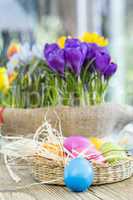 Basket of colorful Easter eggs with spring tulips