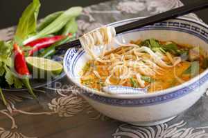 Bowl of spicy Asian soup with noodles