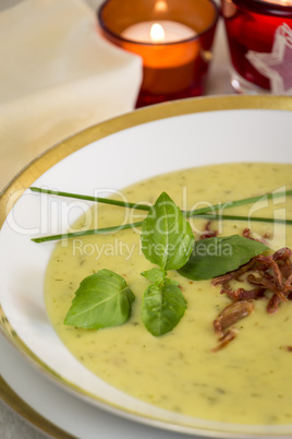 Stylish bowl of ham and potato soup