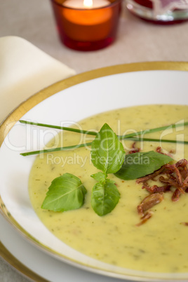 Stylish bowl of ham and potato soup