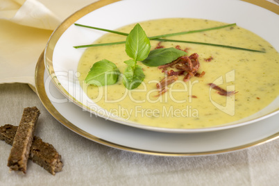 Stylish bowl of ham and potato soup