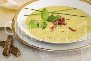 Stylish bowl of ham and potato soup