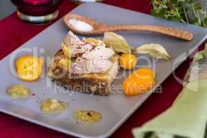 Gourmet French foie gras open sandwich