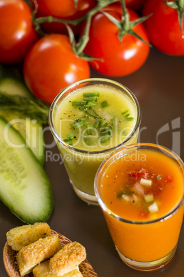 Two glasses of chilled gazpacho soup