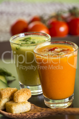 Two glasses of chilled gazpacho soup