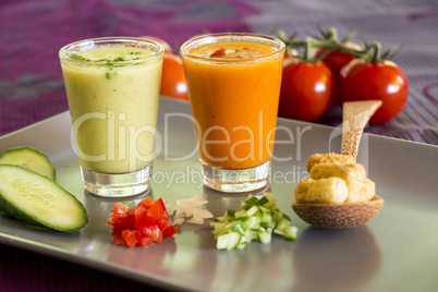 Two glasses of chilled gazpacho soup