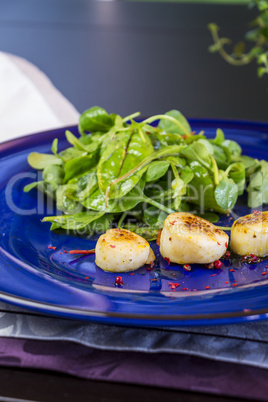 Three grilled Saint Jacques with herb salad