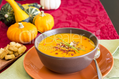 Bowl of delicious pumpkin soup