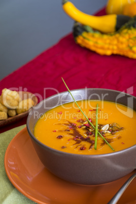 Bowl of delicious pumpkin soup