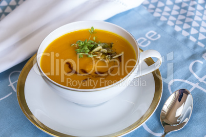 Garnished pumpkin Soup in Tea Cup