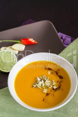 Bowl of pumpkin Soup with Garnishes