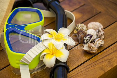 A snorkel and goggles lying on a wooden bench