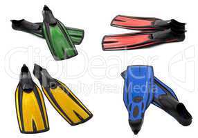 Set of multicolor swim fins for diving